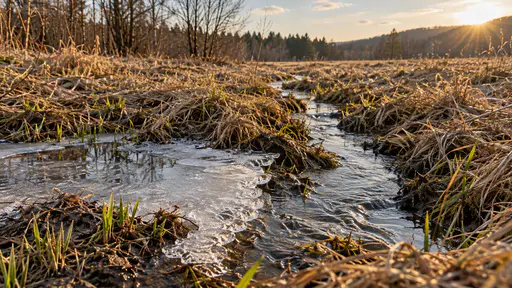 A thawing puddle edge with a fringe of clear ice opens into a channel of running water through dead grass with new green blades pushing up at the bank in low winter sun.