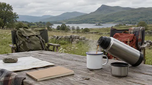 A steel thermos stands tilted over a shared enamel cup on a wooden picnic table with steam rising and two chairs pulled up and occupied only by bags with a meadow and distant hills behind in crisp clear light.