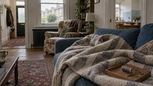 A thick oatmeal and grey striped wool blanket lies open on a blue sofa beside a small wooden tray holding a threaded needle, grey thread and small scissors in soft overcast living room light.