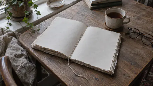 An open hand-bound book of blank ragged-edged pages tied with a single length of linen thread lies on a reading table beside a cooling cup of tea and a pair of reading glasses in soft window light.
