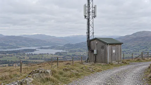 A small timber communications hut with a green felt roof stands on a grassy ridge below a slim lattice mast with a bundle of cables running up from the hut wall to panel antennas high above and a wide valley below in bright light.