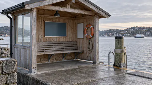 A small timber ferry shelter stands on a harbour jetty with a slatted bench along its back wall, an open front facing the water, a lifebuoy on a hook, a coil of rope and a mooring post beside grey water in cold early light.