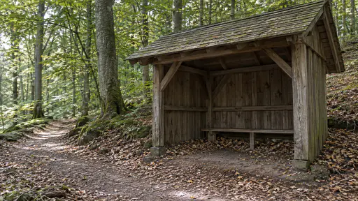 A small open-fronted timber shelter with a pitched roof and a plank bench along its back wall stands beside a path at the edge of a beech wood with dry leaves in the corners and dappled green light.