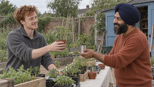 A young man with copper-red hair in a grey fleece hands a potted tomato seedling across a trestle table to a broad man in a navy turban who hands back a chilli seedling in a recycled tin, both grinning, in bright even light.