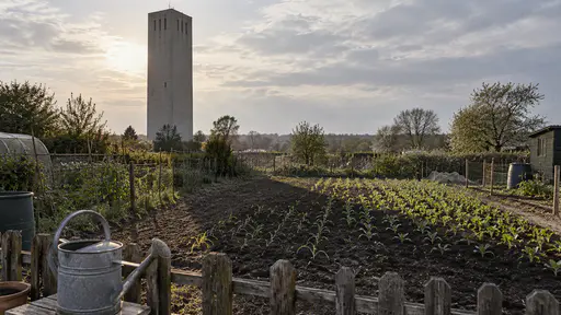 The long sharp shadow of a tall plain concrete tower falls across a small allotment seedling bed with seedlings in the shadowed half pale and leaning toward the sunlit strip at the far end in low afternoon light.