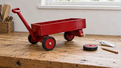 A red wooden toy wagon tilts on three wheels with its fourth axle peg bare while the missing red wheel lies beside it on a pine workbench with a small tube of glue and a pencil in even light.