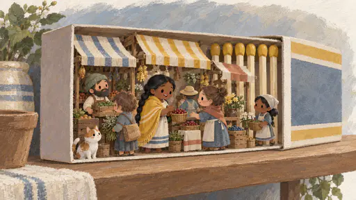Cloth-awning market stalls and small crates fill an open giant matchbox on a shelf edge beside a row of tall pale matches while thumb-sized residents trade and carry bundles, including a Samoan woman with a long black braid haggling over a basket of berries.