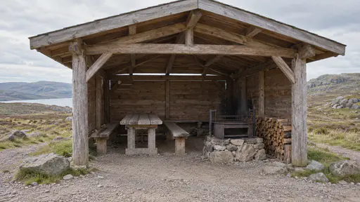 A trailhead timber picnic shelter with a long plain table inside and a fire-blackened metal grate on a stone base beside it stands on an upland path in bright midday light.