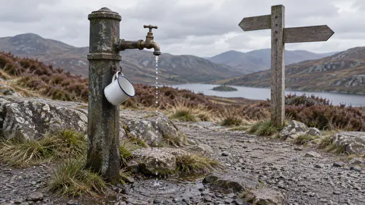 A trailhead standpipe tap drips slowly onto gravel with a single enamel cup hanging on a hook beside it and a wooden signpost with blank arms and heather hills behind in cool upland light.