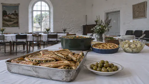 A dented tin tray of golden stuffed flatbreads and a small plate of green olives sit at the near end of a long trestle table with a green stew pot, a lattice pie and a bowl of potato salad further along.