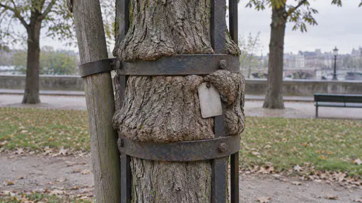 A young tree trunk has grown thick against a metal tree guard banded round it with the bark bulging out between the bands, a leaning stake beside it and a plain blank tag half-swallowed by the bark in soft overcast light.