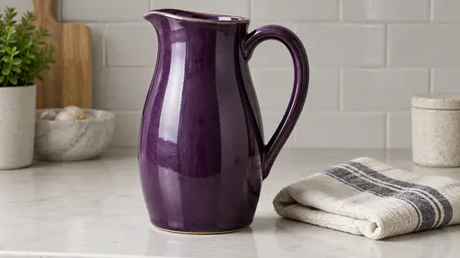 A tall glazed stoneware jug in a deep violet glaze with a thick curved handle stands on a pale kitchen counter beside a folded tea towel with a tiled wall blurred behind in gentle side light.