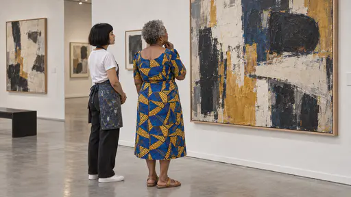 An older woman with short silver-grey curls and gold hoops in a cobalt-blue and mustard wax-print dress tilts her head with a hand near her chin beside a painter in a paint-splashed denim apron with clasped hands as both look at a large abstract canvas in an exhibition hall.