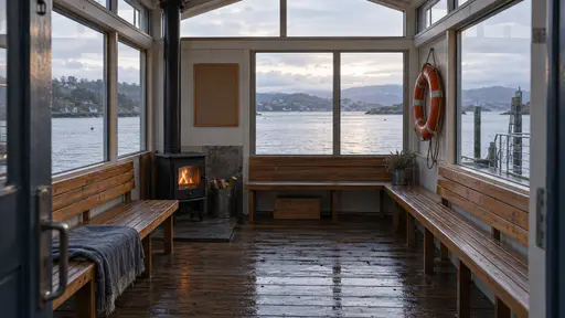 A small waiting room on a floating pontoon has timber benches along glazed walls, a wood stove, a blank noticeboard and a lifebuoy on a hook with a grey estuary and far shore seen through the glass in cool dawn light.