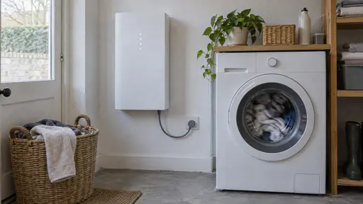 A slim white wall-mounted home battery with a row of small indicator lights hangs in a tidy utility room beside a washing machine with clothes tumbling mid-cycle and a short grey cable running to a wall socket.