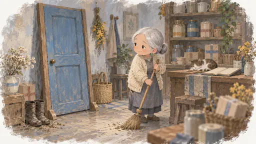 A plain tall blue door in a wooden frame stands free on little feet leaning against the back wall of a quiet shop beside muddy boots while a very small elderly woman with a silver bun and cream cardigan sweeps the floor and glances at it fondly.