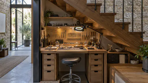 A small watchmaker's bench fitted beneath a flight of wooden stairs with the sloping underside of the treads as its ceiling, a stool, a magnifier lamp and a pegboard of tiny tools in warm tungsten light.