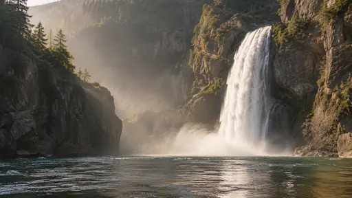 A waterfall drops from a side canyon ledge into the main river below in clear side light, spray catching the light at its base.