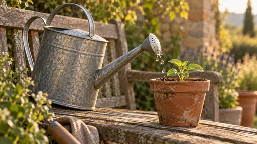 On a weathered garden bench in golden-hour light a galvanised watering can tilted slightly has its rose spout meeting the rim of a dry terracotta flowerpot holding a small seedling with a few drops caught in mid-air between them and both objects fully in view.