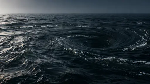 A slow whirlpool boundary curves in a wide dark spiral in low dark light, foam flecks carried along its turning edge.