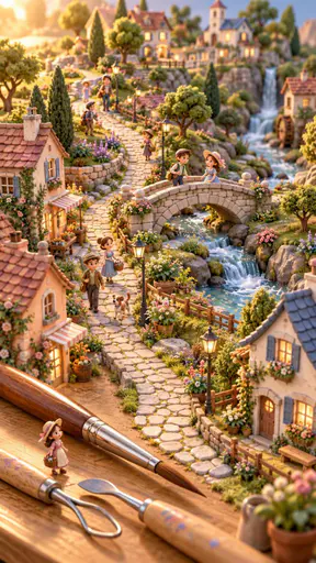A tiny miniature world is built on a tabletop with small painted human figurines walking through a miniature village with tiny trees and a little bridge.