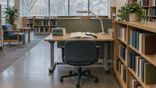 An accessible reading bay in a public library holds a wide clear aisle, a low shelf within seated reach, an adjustable desk and a magnifier on an open blank book.