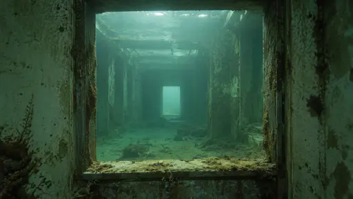 A rectangular window opening looks through a drowned hall to the far doorway glowing faintly beyond it in dim green water.