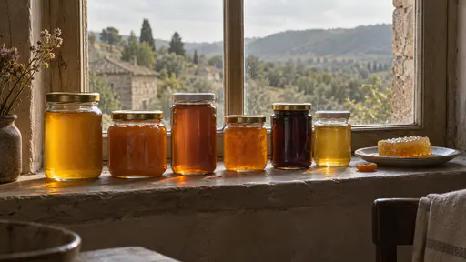 A deep window shelf holds a row of glass jars of amber honey, apricot jam and syrup glowing with the low gold light behind them and a honey comb on a small plate at the end.