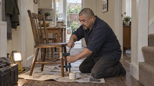 A stocky man with a shaved head and a grey goatee in a navy work shirt kneels beside a wobbly wooden chair clamped upright on spread newspaper in a hallway, tightening a clamp on one leg with a pot of glue beside him in bright work-lamp light.