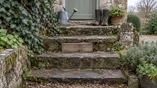 A short flight of old stone steps has one missing middle step replaced by a plain wooden block placed in the gap with a watering can and a pair of boots at the top and ivy on the wall beside in soft morning light.