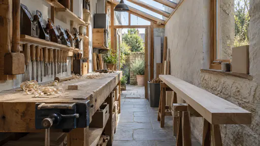 A woodworking bench fills a narrow lean-to annex against the side of a house with hand planes and chisels hung in a tidy row above it, a vice at one end and a long board on trestles beside it in bright side light.