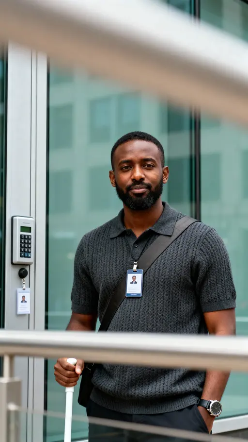 Half-body portrait of Abdi, a Somali-American software engineer in Columbus, poised with a white cane and charcoal polo, rich brown skin lit by a warm cheek highlight against a cool glass facade and olive strap.