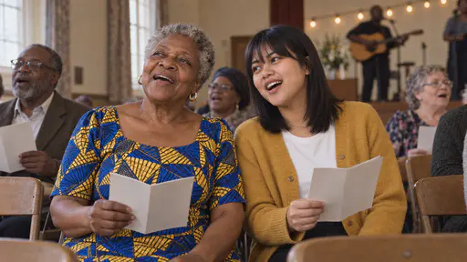 An older woman with short silver curls in a blue and yellow wax-print dress and a petite young woman with a dark fringe in a mustard cardigan sit side by side singing along with open mouths and blank programmes in a warm community hall.