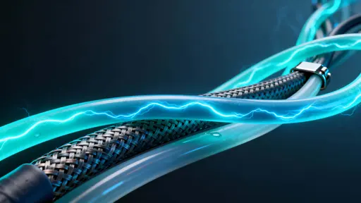 A 16:9 composition of twisting abstract energy cables carrying luminous blue currents through a dark neutral field, emphasizing sculptural motion, tactile texture, and cinematic framing.