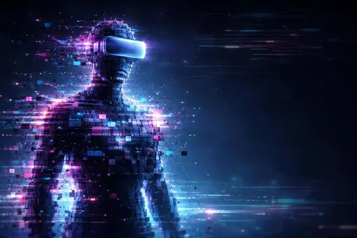 Abstract human figure composed of pixelated glitches and VR glasses in a 3:2 digital painting, framed as a poster-cover that explores virtual disconnection and surreal immersion.