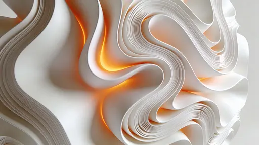 A high-detail 3D render of an abstract sculptural form with flowing layered curves and a smooth matte white surface, warm orange light glowing softly from within the folds against a minimal studio background.