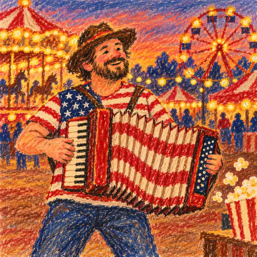 Adult accordion player with stripe covered bellows opening and closing at a fair. Thirteen stripes and a neat canton play loud.