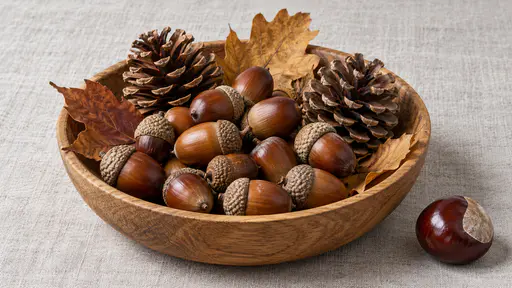 A shallow wooden bowl on a linen cloth holds glossy brown acorns with their cups, two pine cones and a few dry leaves with a single shining conker resting beside it in cool autumn daylight.