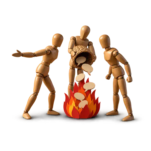 Adding fuel to the fire: two wooden mannequin figures argue over a small red paper flame while a third tips a woven basket of blank wooden speech bubbles into it, the flame rising where they land. The image visualises the idiom's meaning, making an already difficult situation worse.