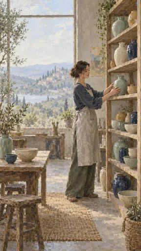 A fully clothed adult in a linen apron arranges plain handmade vases, bowls and cups by size and glaze colour on a tall display shelf before a hazy hillside window.