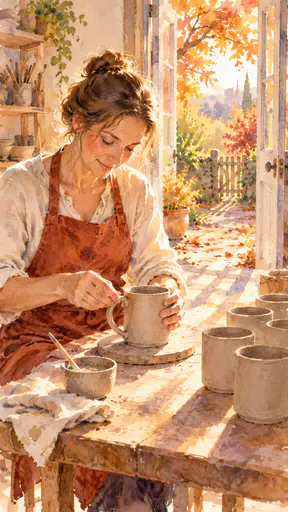 A fully clothed adult in a rust apron presses a pulled clay handle onto a leather hard mug at a sunlit table beside a cup of slip and a row of mugs in broken watercolor washes.