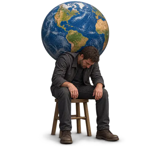 The weight of the world on your shoulders: a seated adult bears a huge textured world globe across both shoulders, elbows braced on knees, isolated on transparency with a soft shadow.