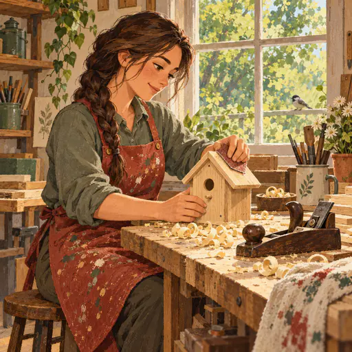 A fictional adult with a long braid in a paint spattered apron builds a small wooden birdhouse at a sunlit workbench with shavings in a painted cartoon with grainy contours.