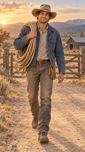 A fully clothed adult in a denim jacket and a sun faded hat walks along a dusty ranch track with a large coil of braided rope over one shoulder and a barn far behind.