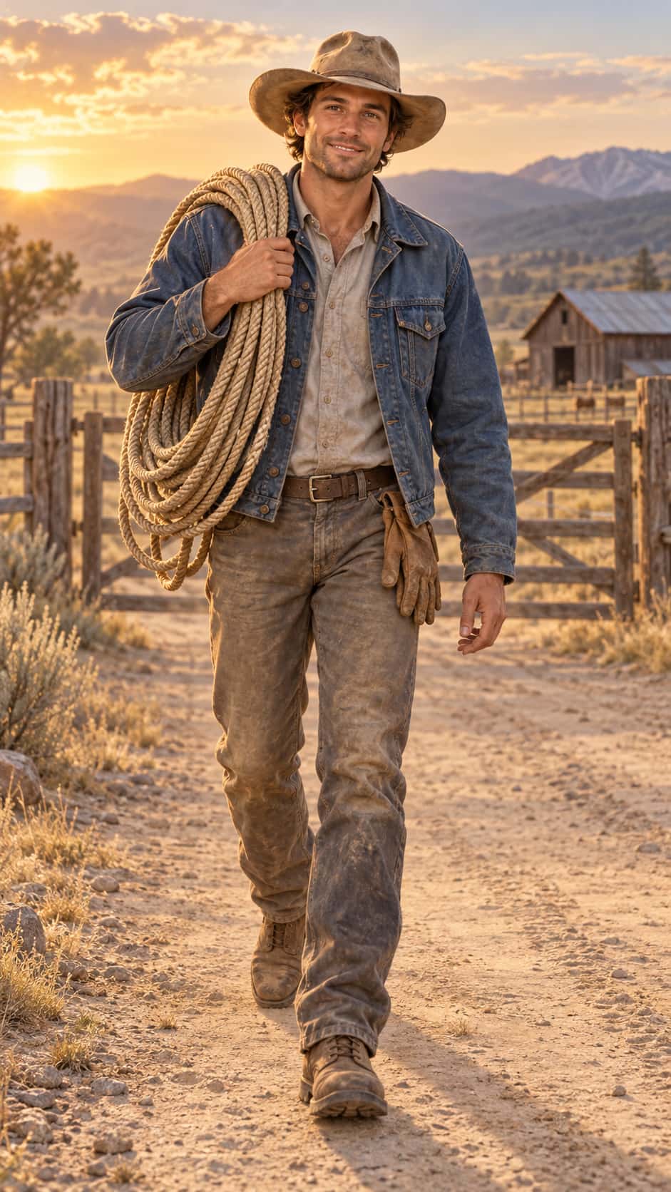 A fully clothed adult in a denim jacket and a sun faded hat walks along a dusty ranch track with a large coil of braided rope over one shoulder and a barn far behind.