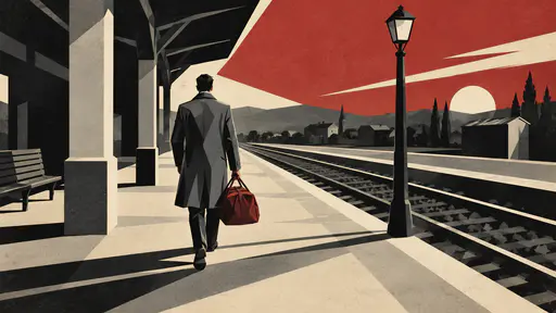A fully clothed adult in a long coat, seen from behind, carries a large leather weekend bag along a station platform beside tracks and a lamp post in deco poster planes.