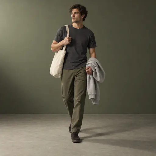 A fully clothed adult in a charcoal t shirt and olive trousers walks with a plain light grey hoodie draped over one forearm and a canvas tote on the other shoulder in a studio.