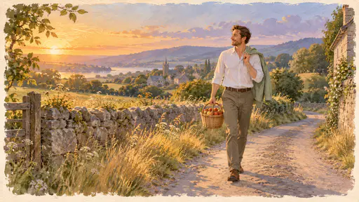 A fully clothed adult in a white shirt carries a sage linen jacket over one shoulder and a basket of apples along a country lane at sunset in gouache.