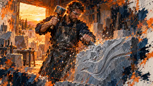 A fully clothed adult in an apron and safety glasses carves a stone block with a mallet and a chisel as chips fly, the block showing a flowing abstract relief.