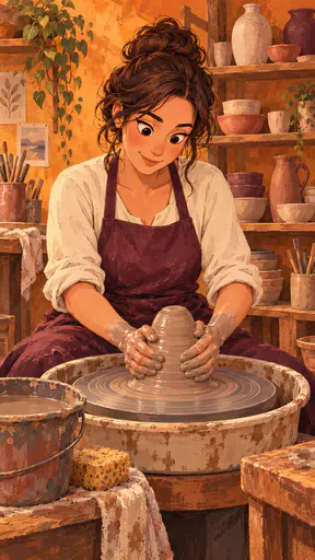 A fully clothed adult in a plum apron sits at a pottery wheel with both hands cupped around a spinning mound of wet clay beside a water bucket and shelves of bowls.
